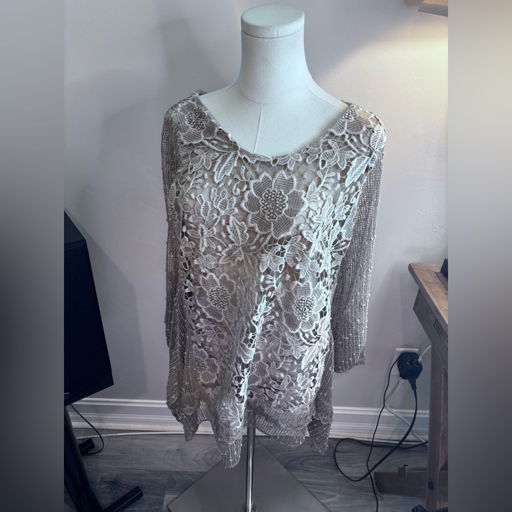 Made in Italy Women's Lace Crochet Tunic Top in Taupe
